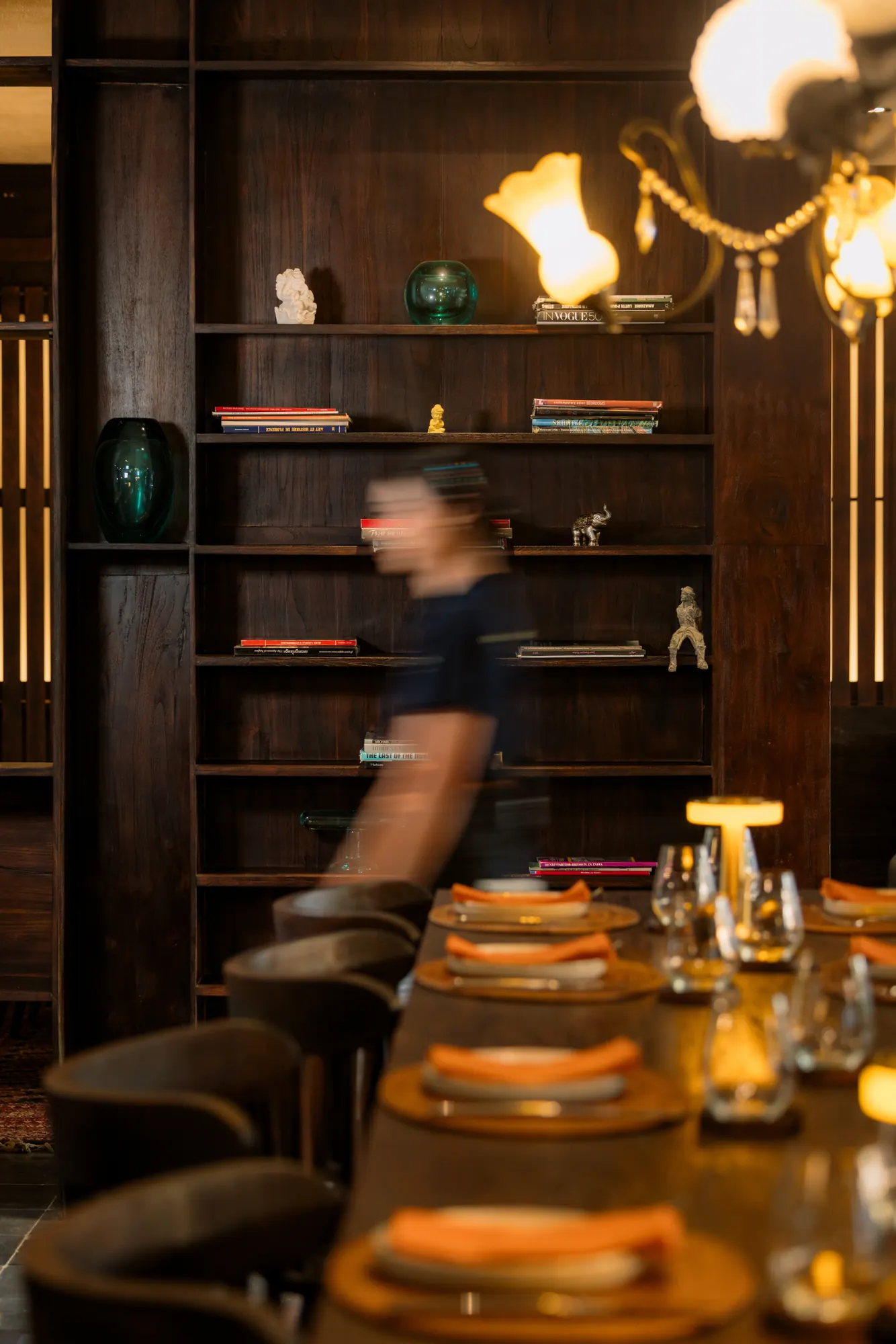 Counter seating set for dinner under warm lamps